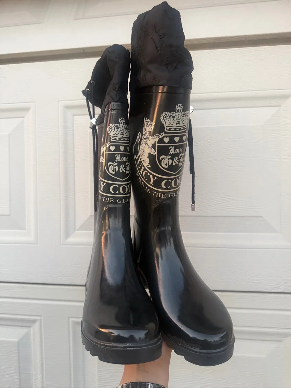 Juicy Couture Black Glossy Logo Rain Boots with Drawstring Shaft